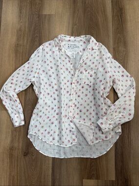 Frank & Eileen 100% Linen Eileen Button Down Shirt Red Blue Floral Print Large